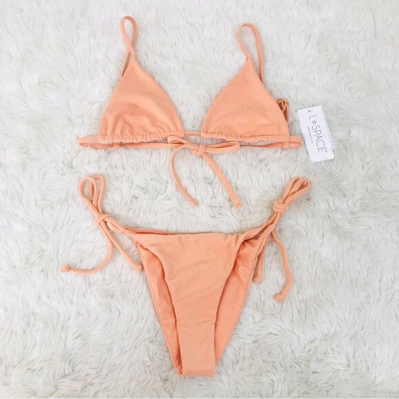 L*SPACE Peach Terrycloth Triangle String Bikini Set Brittany Lennox XS Small New - Picture 2 of 12